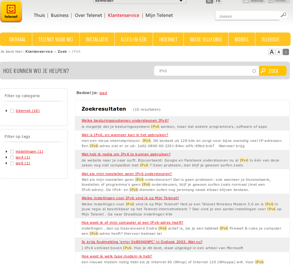 telenet IPv6 information