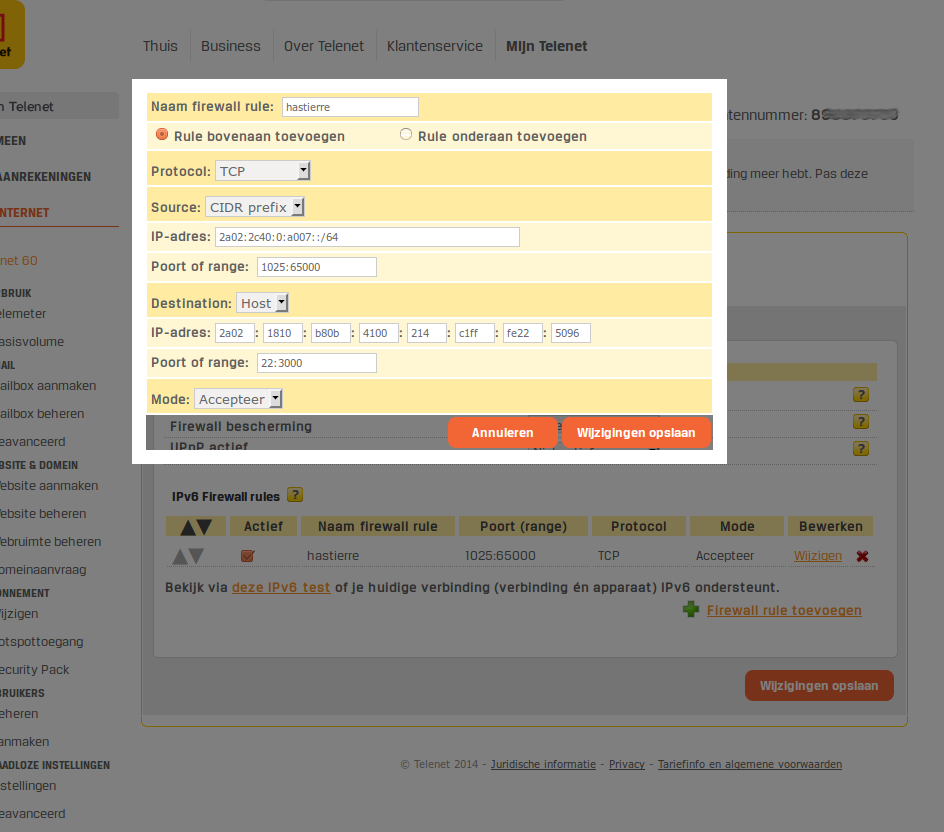 Firewall rule for Ipv6 ssh server access at home